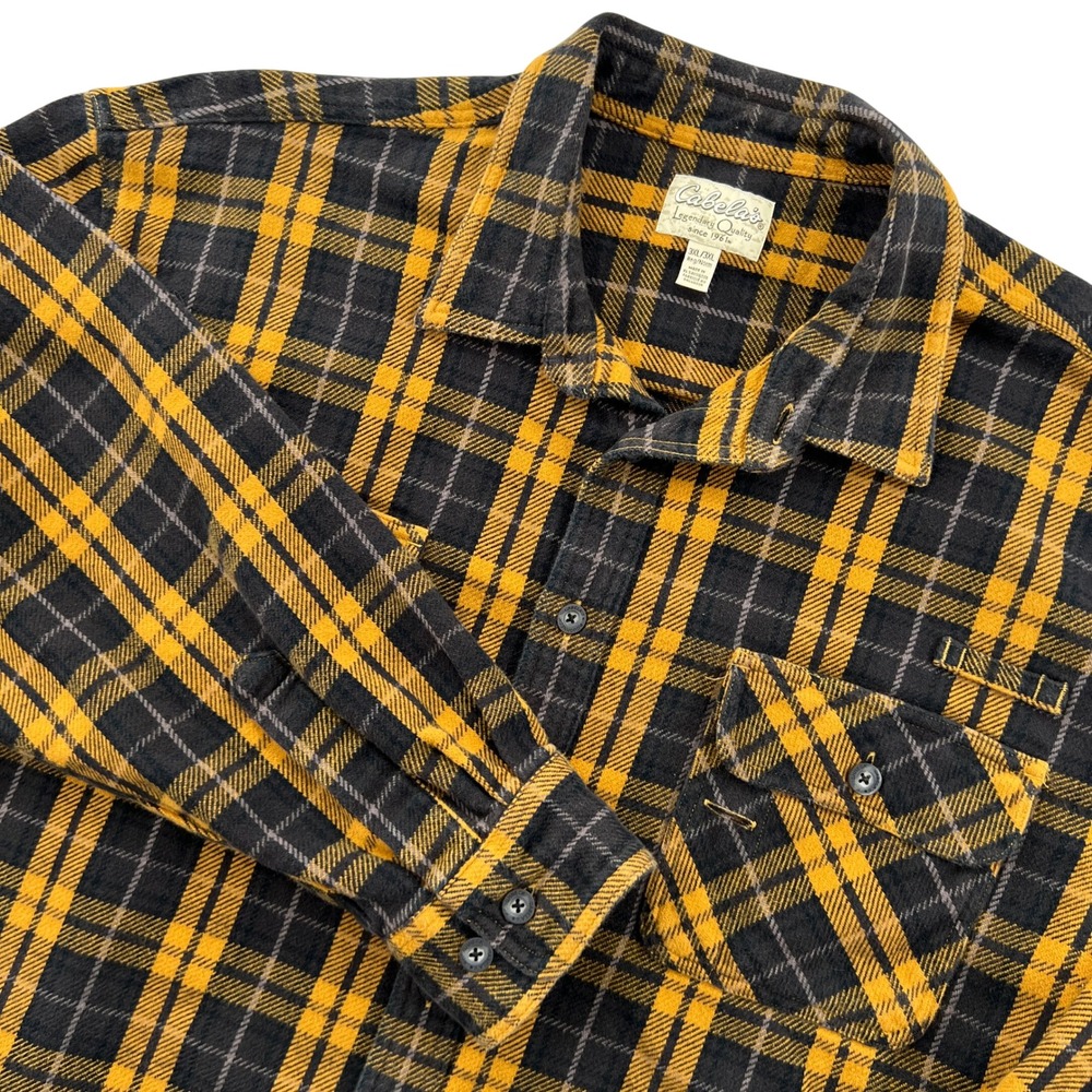 Cabela's Heavyweight Flannel Shirt Mens 3XL Yellow Black Plaid Outdoor Workwear